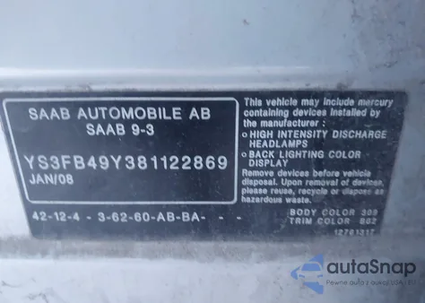 2008 Saab 9-3 2.0T из США, поврежденный, VIN YS3FB49Y381122869